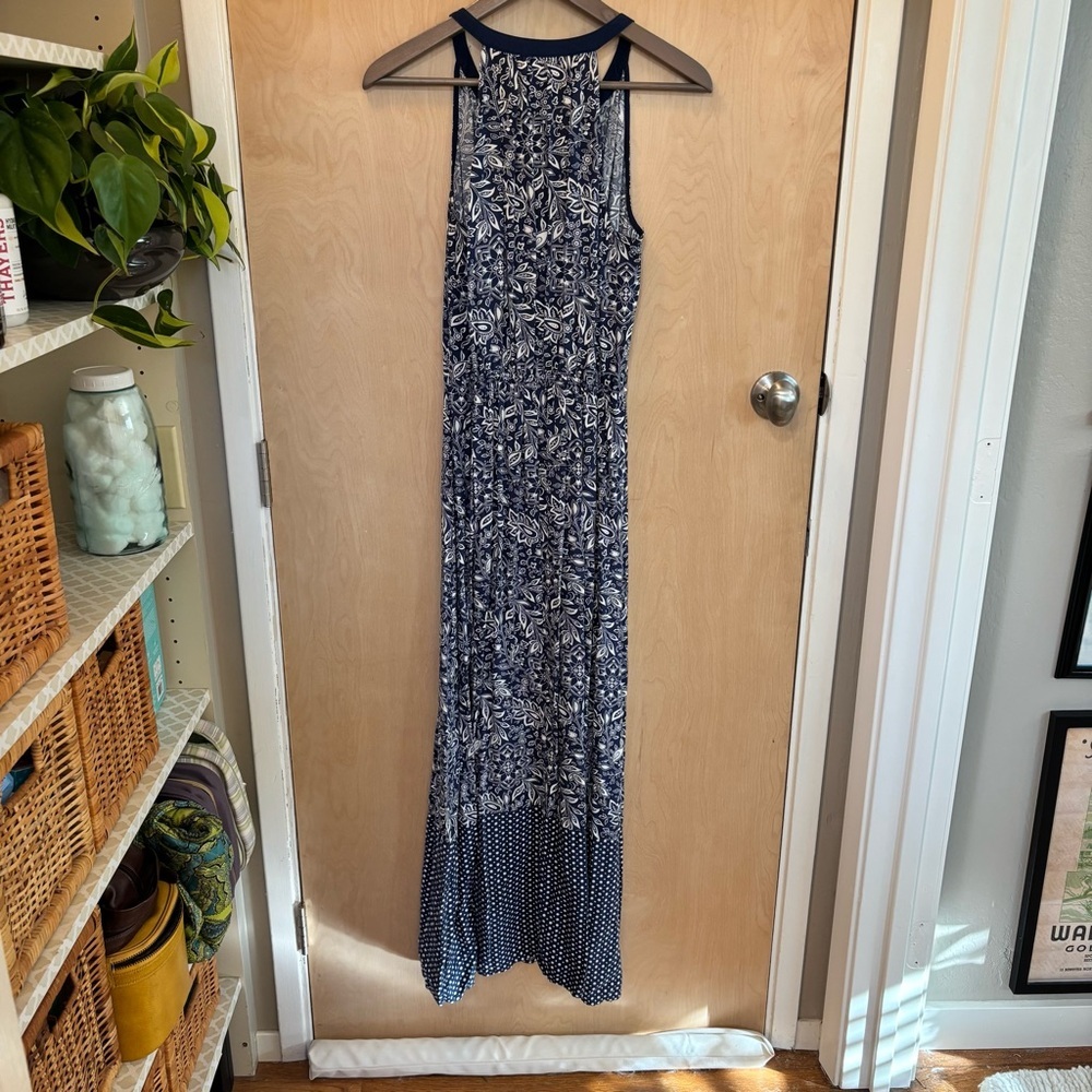 Blue White Floral Maxi Dress Size Small Resort Island Teacher Summer - Picture 2 of 9